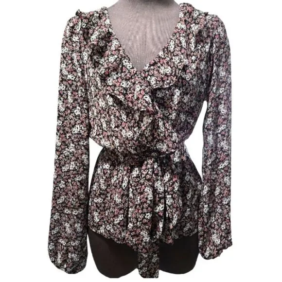 EC MAX STUDIO FLORAL WRAP SHIRT W/ ELASTIC WAIST SZ.L - Picture 2 of 6